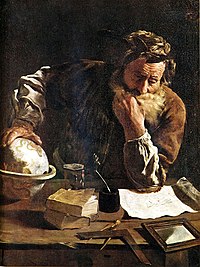 Arkimedo pensema. Oleo sur tolo de la pentristo Domenico Fetti (1620). Gemäldegalerie Alte Meister, Dresdeno
