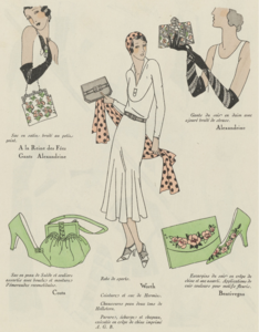 French fashion plate from 1931, displaying several accesories and featuring a dress by Worth in the center.