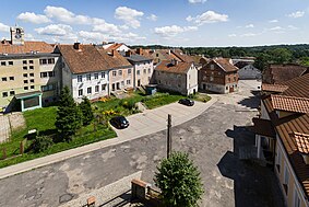 Widok na stare miasto w Górowie Iławeckim, zdjęcie wykonane z poddasza cerkwi Podwyższenia Krzyża Świętego przy ul. Ripeckiego.