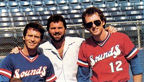 The Gatlin Brothers in the uniforms of the Nashville Sounds in 1985 (from left to right: Larry, Steve and Rudy) Gatlin Brothers Nashville Sounds 1985.jpg