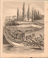 阿卜杜勒-哈米德二世乘船前往艾郁普區，準備進行佩戴奥斯曼之劍的典禮，1876年