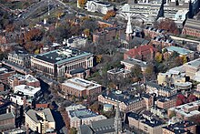New England is home to four of the eight Ivy League universities. Pictured here is Harvard Yard of Harvard University. Harvard Yard aerial.JPG