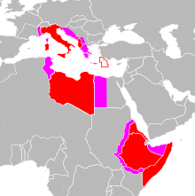 Italy and its colonies before WWII are shown in red. Pink areas were annexed for various periods between 1940 and 1943 (Tientsin concession in China is not shown) Impero italiano.svg