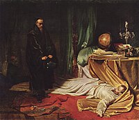 Ο αστρολόγος Σένι εμπρός στο πτώμα του Βαλλενστάιν, 1855. Νέα Πινακοθήκη του Μονάχου. Η σκηνή έχει πολλές ομοιότητες με τον πίνακα Η Αντιγόνη εμπρός στο νεκρό Πολυνείκη, που ζωγράφισε ο Νικηφόρος Λύτρας δέκα χρόνια αργότερα (1865)