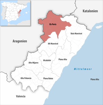 Die Lage der Comarca Els Ports in der Provinz Castellón