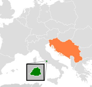 Mapa indicando localização {{{preposição1}}} Santa Sé e {{{preposição2}}} Iugoslávia.