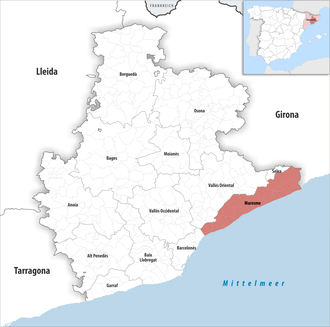 Die Lage der Comarca Maresme in der Provinz Barcelona