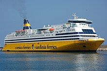 The cruiseferry Mega Smeralda. The blue and white part of the ship is the superstructure and the yellow part of the ship is the hull. Mega smeralda bastia.JPG