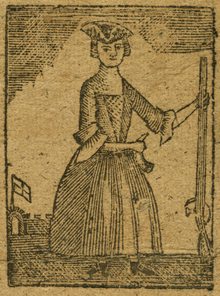 A woodcut of a woman. The color is mostly brown with black lines. The woman stands center, wearing a tricorn hat and a dress with sleeves to her elbows and a skirt to her shoes. She faces the viewer. In her left hand she holds the end of a rifle, its buttstock resting on the ground. Her right arm crosses her waist with her hand clasping something at her left hip that is curved; possibly a horn? Or a waterskin? In the background in the lower left, a flat waves off in the distance.