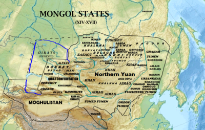 15世纪，蒙古高原诸部与蒙兀儿斯坦。此图标示的蒙兀儿斯坦包含畏兀儿斯坦。