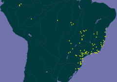 Mapa mostrando ocorrência confirmada de O. arborea na América do Sul.