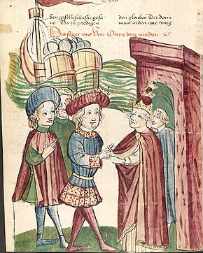 Otto IV. und Papst Innocenz III. reichen sich vor den ankommenden Schiffen Friedrichs II. die Hände.jpg