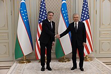 Mirziyoyev with U.S. Secretary of State Antony Blinken on 1 March 2023 Secretary Blinken Meets with Uzbek President Mirziyoyev (52719745848).jpg