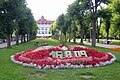 Flower calendar and Bath V (Elisabeth Bath) in Smetana Park, Karlovy Vary