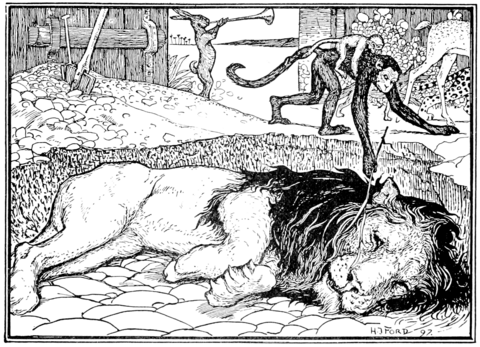 black and white illustration of a lion lying on its side in a ditch while a monkey with a baby monkey clinging to it's back tickles the lions nose with a long blade of grass. In the background a hare stands on its hind limbs and blows a long trumpet in the middle of the gateway of a gated wall with the large sturdy wooden gate visible open behind it. There is a shovel stuck in a pile of dirt as though the ditch was recently dug and a few animals milling around (a spotted cat, possibility a leopard and some kind of deer or antelope)