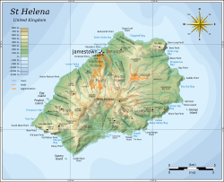 Topografska karta otoka sv. Helena sa pozicijom Jamestowna