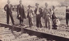 Japanese experts inspect the scene of the "railway sabotage" on the South Manchurian Railway in 1931. The "railroad sabotage" was one of the events that led to the Mukden Incident and the Japanese occupation of Manchuria. 193109 mukden incident railway sabotage.jpg