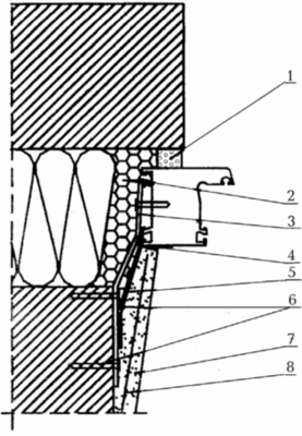 1 — изоляционная саморасширяющаяся паропроницаемая лента; 2 — пенный утеплитель; 3 — гибкая анкерная пластина; 4 — герметик; 5 — пароизоляционная лента; 6 — дюбель со стопорным шурупом; 7 — штукатурный слой внутреннего откоса (с фаской для слоя герметика); 8 — армирующая сетка Примечание. В том случае, если теплотехнические расчеты не подтверждают требуемую температуру поверхностей внутренних откосов, рекомендуется применение оконных блоков с расширенной коробкой или увеличение размеров наружной четверти при помощи конструкционных материалов. Рисунок А.3 — Узел бокового примыкания оконного блока к проему с четвертью слоистой стены из кирпича с эффективным утеплителем и отделкой внутреннего откоса штукатурным раствором