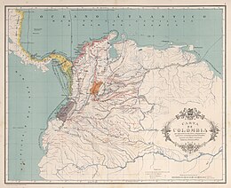 Routes of conquest in Colombia with the former Muisca Confederation in the heart of Colombia in orange
by Agustin Codazzi, 1890 AGHRC (1890) - Carta I - Rutas de los conquistadores de Colombia.jpg