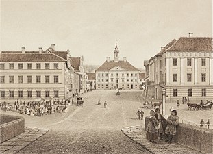 Rådhustorget 1860, sett från Stenbron. Litografi av Louis Höflinger