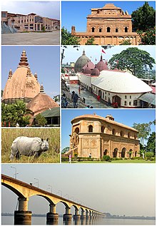 Montage of Assam state (clockwise from top): Academic complex IIT Guwahati, Ahom Raja's Palace, Kamakhya Temple at Guwahati, Rang Ghar pavilions, Kolia Bhomora bridge over Brahmaputra river, one horned rhinoceros (Rhinoceros unicornis) at Kaziranga National Park, and Siva dol of Sivsagar.
