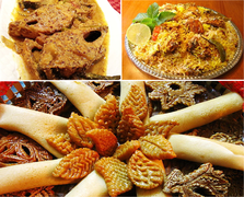 Монтаж бенгальських кулінарних шедеврів. Шорше Іліш (угорі ліворуч), Каччі Бір'яні зі Старої Дакки (угорі праворуч), Пітха (внизу)