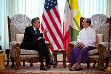 Myanmar President Thein Sein meets US President Barack Obama in Yangon, 2012 Barack Obama meets with Thein Sein at Burma Parliament Building.jpg