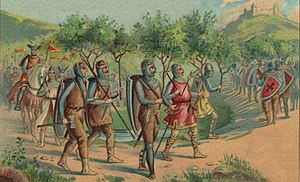 A medieval army holding up tree branches, from an advertisement for Liebig's Fleischextrakt.