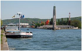 Le mémorial Albert Ier et la pointe sud-ouest de l'île Monsin (vue d'amont)