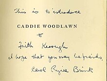 Example An inscription on the title page of Caddie Woodlawn, signed by the author Carol Ryrie Brink.