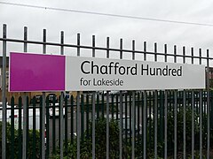 Chafford Hundred platform sign, saying, in small font, "for Lakeside" (ie. not an unusual case at all for a station sign saying "for Somewhere Else"