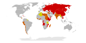 States that had communist governments in red, states that the Soviet Union believed at one point to be moving toward socialism in orange, and states with constitutional references to socialism in yellow Communist Block.svg