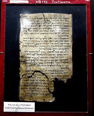 Pergaminho do Mar Morto 175, completo, Testimonia, da Caverna 4 de Qumran, o Museu da Jordânia em Amã