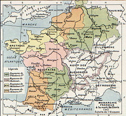 The division of the Frankish kingdom on Clovis's death (511). The kingdoms were not geographic unities because they were formed in an attempt to create equal-sized fiscs. The discrepancy in size reveals the concentration of Roman fiscal lands. Division of Gaul - 511.jpg