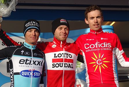 Podium de l'édition 2015 du Samyn : Gianni Meersman (2e), Kris Boeckmans (1er) et Christophe Laporte (3e).