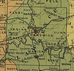 An 1890 map of Lawrence County, Indiana, depicting Flinn Township (far right, center)