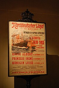 Affiche de la Norddeutscher Lloyd pour Genova - New York en bateau à vapeur au début du XXe siècle.