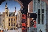 Het centrum van Brugge in de 15e eeuw: Gerard David, Het oordeel van Cambyses (detail), 1498, Groeningemuseum, Brugge