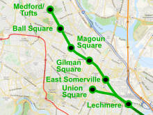 Map of the inner northwest suburbs of Boston, with existing subway lines shown. Two branches meet at Lechmere station in the southeast corner of the map. One branch goes west to Union Square; the other goes northwest to East Somerville, Gilman Square, Magoun Square, Ball Square, and Medford/Tufts.
