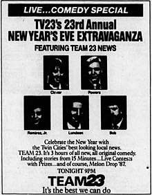 "Team23: It's the best we can do." A December 1987 advertisement for KTMA's 23rd Annual New Year's Eve Extravaganza, with Kevin Murphy as "reporter"/emcee Bob (Bagadonuts). KTMA Team23 NYE ad.jpg