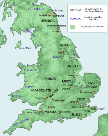 Map of some of the kingdoms of Great Britain c. 600 Kingdoms in England and Wales about 600 AD.svg