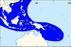 El área sombreada indica la distribución de Laevistrombus canarium dentro del Pacífico Central Occidental, según Poutiers, en 1998.[1]​