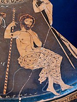 Agamemnon assis sur un rocher. Lékanis attique à figures rouges, -410/-400.