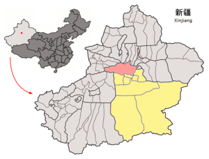 Hoçing İlçesi'nin Sincan Uygur Özerk Bölgesideki konumu (pembe)