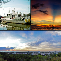 dari kiri ke kanan: Kapal dan matahari terbenam Marina Bay, pusat kota Miri dari Canada Hill