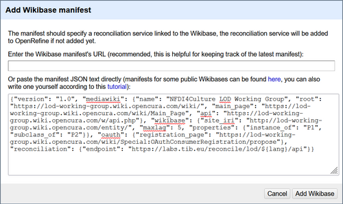 Screenshot of the OpenRefine add Wikibase manifest interface