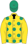 Yellow, emerald green spots, yellow sleeves, emerald green cap