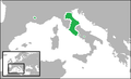 Map of the Papal States (green) in 1700 (around its greatest extent), including its exclaves of Benevento and Pontecorvo in Southern Italy, and the Comtat Venaissin and Avignon in Southern France.