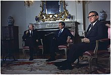 Prime Minister Harold Wilson (left), President Richard Nixon (centre) and Henry Kissinger (right) in June 1974 President Richard Nixon, British Prime Minister Harold P. Wilson, and Henry Kissinger at the U.S. Embassy Residence in Brussels, Belgium.jpg