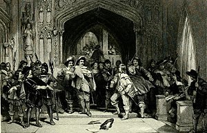 Colonel Thomas Pride refusing admission to the Presbyterian members of the Long Parliament.